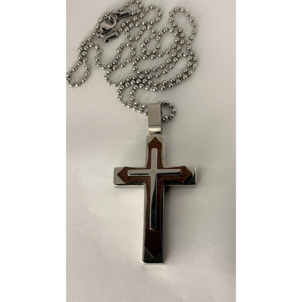Stainless Steel Layered Cross Pendant Necklace Silver Brown Ball Chain Mens
